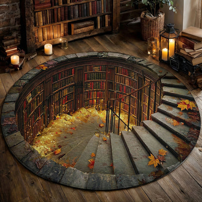 Reading Round Rug Enchanted Spiral Library Hollow 3D Illusion Flat Print