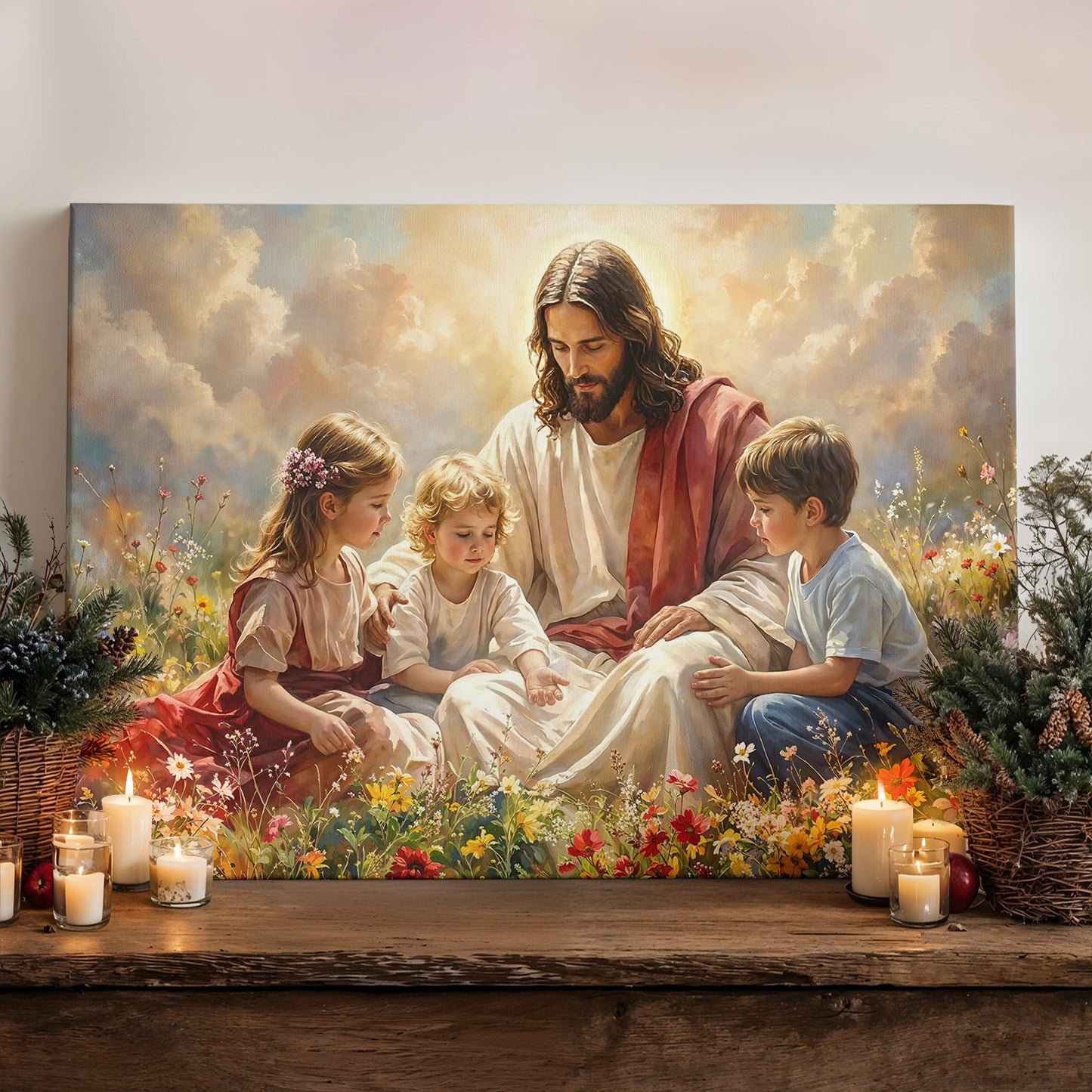 God Wooden-Framed Canvas Wall Art Jesus and the Little Ones In the Wildflower Meadow
