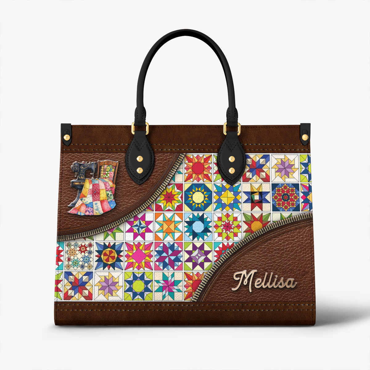 Sewing Lover Leather Handbag Personalized Colorful Quilt Blocks