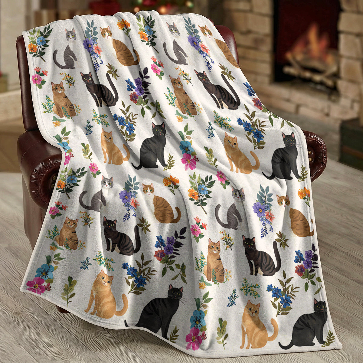 Cat Fleece Blanket Cute Floral Cats