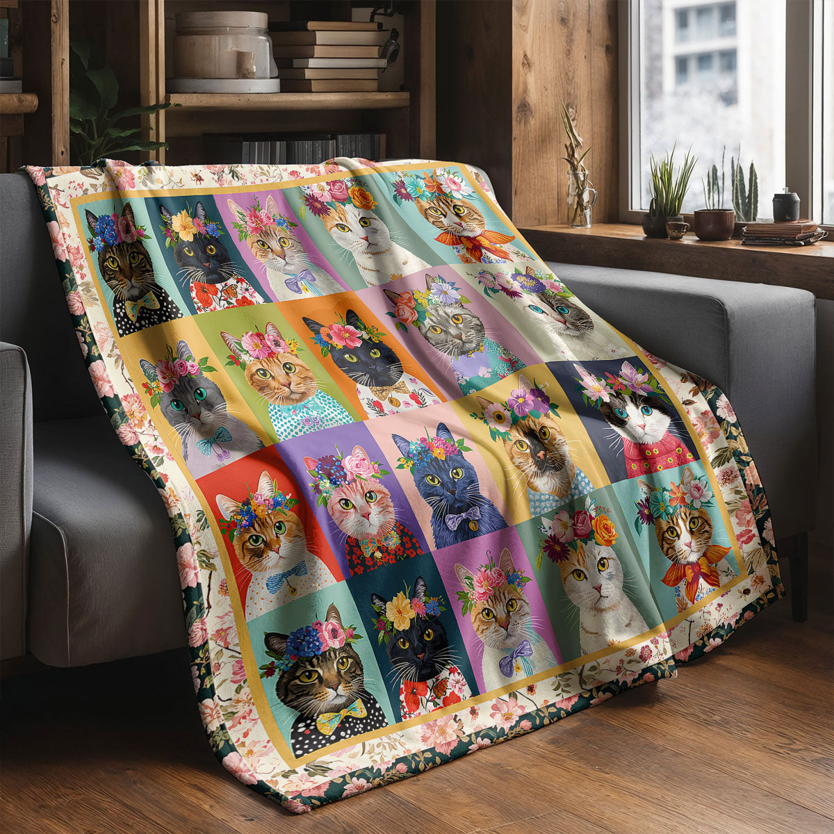 Cat Fleece Blanket Floral Cat Fantasy