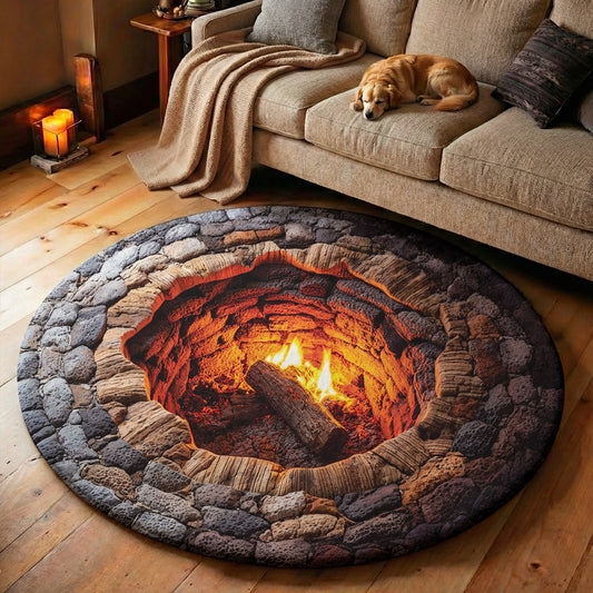 Rustic Fire Pit Round Rug Campfire Hollow 3D Illusion Flat Print