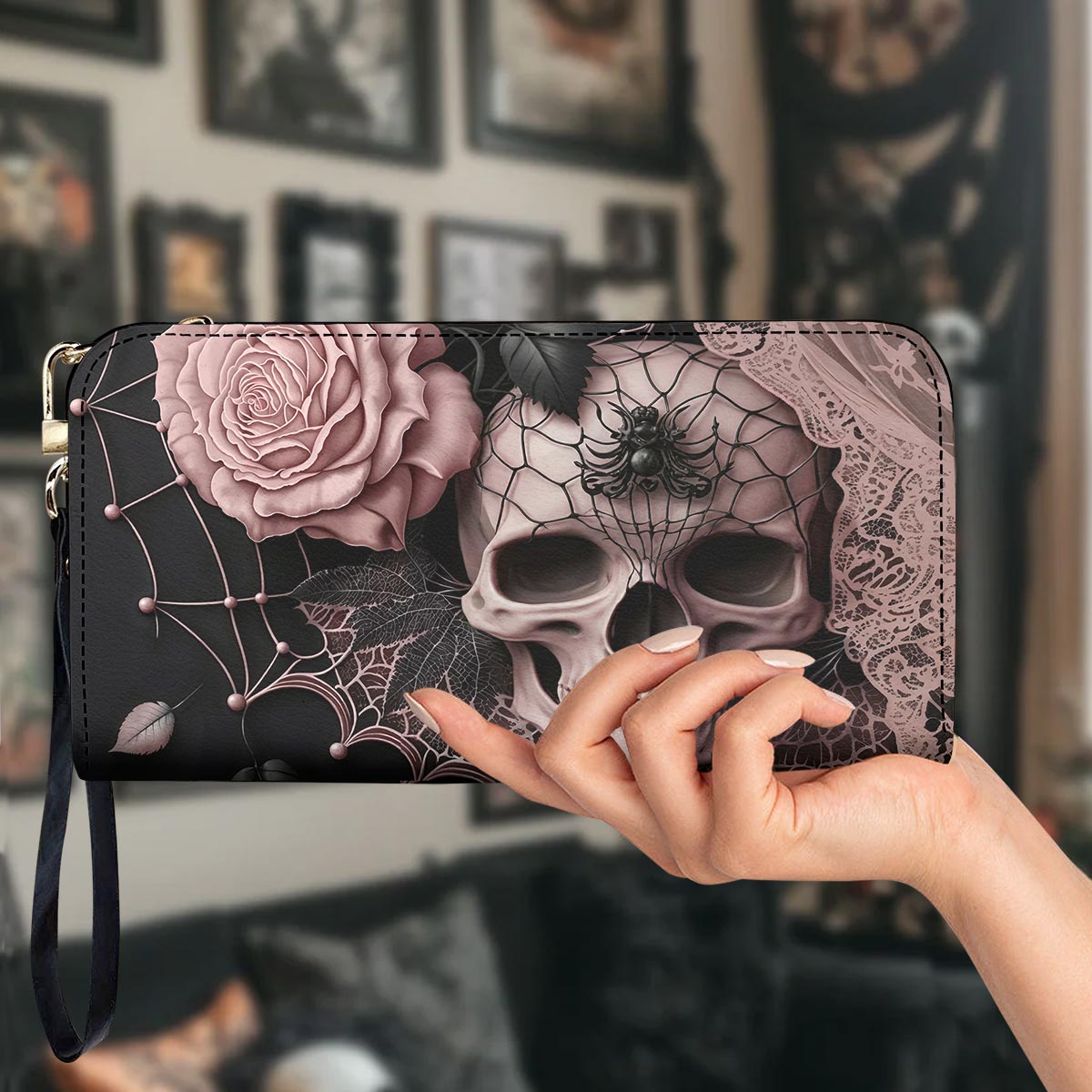 Gothic Skull Leather Wallet Rose Beneath the Web
