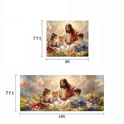 God Garage Door Banner Decoration - Jesus and the Little Ones In the Wildflower Meadow