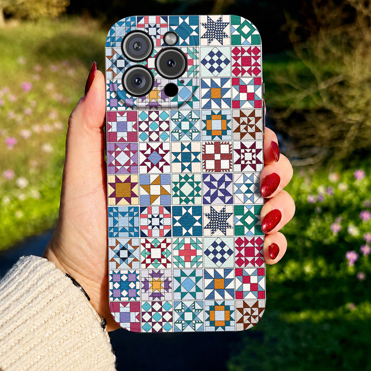 Sewing Lover Leather Phone Case Traditional Quilt Blocks