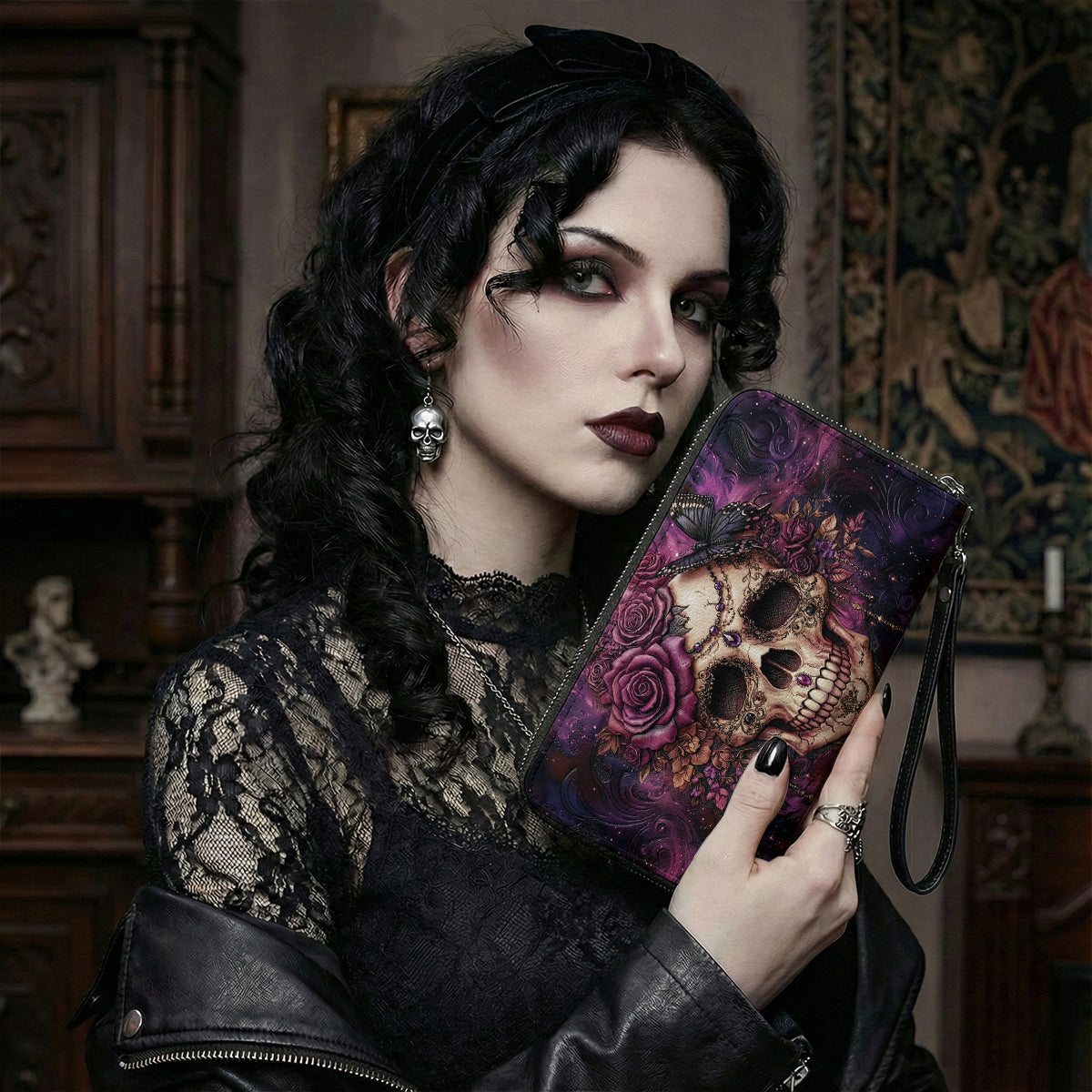 Skull Leather Wallet Midnight Bloom Violet Rose Gothic Skull