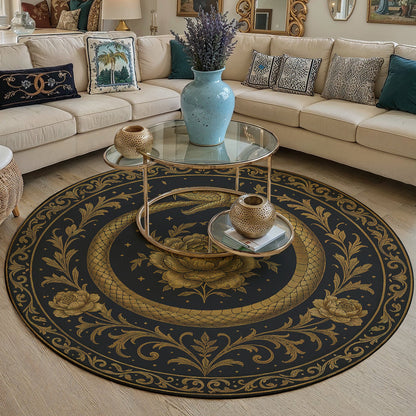 Gothic Round Rug Ouroboros Snake Bloom Within the Circle
