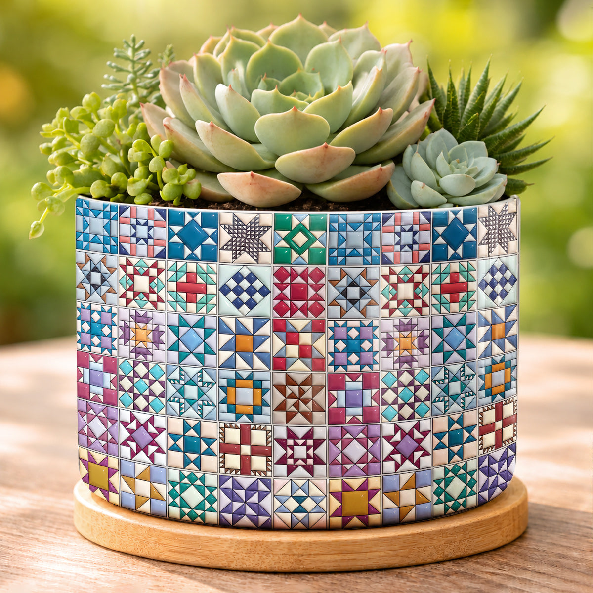 Sewing Lover Ceramic Plant Pot with Bamboo Tray Traditional Quilt Blocks