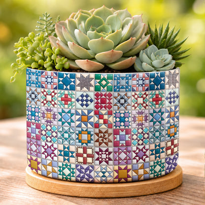 Sewing Lover Ceramic Plant Pot with Bamboo Tray Traditional Quilt Blocks