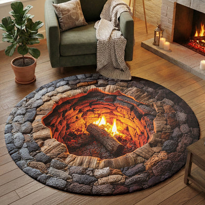 Rustic Fire Pit Round Rug Campfire Hollow 3D Illusion Flat Print
