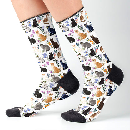 Cat Crew Socks Charming Floral Cats