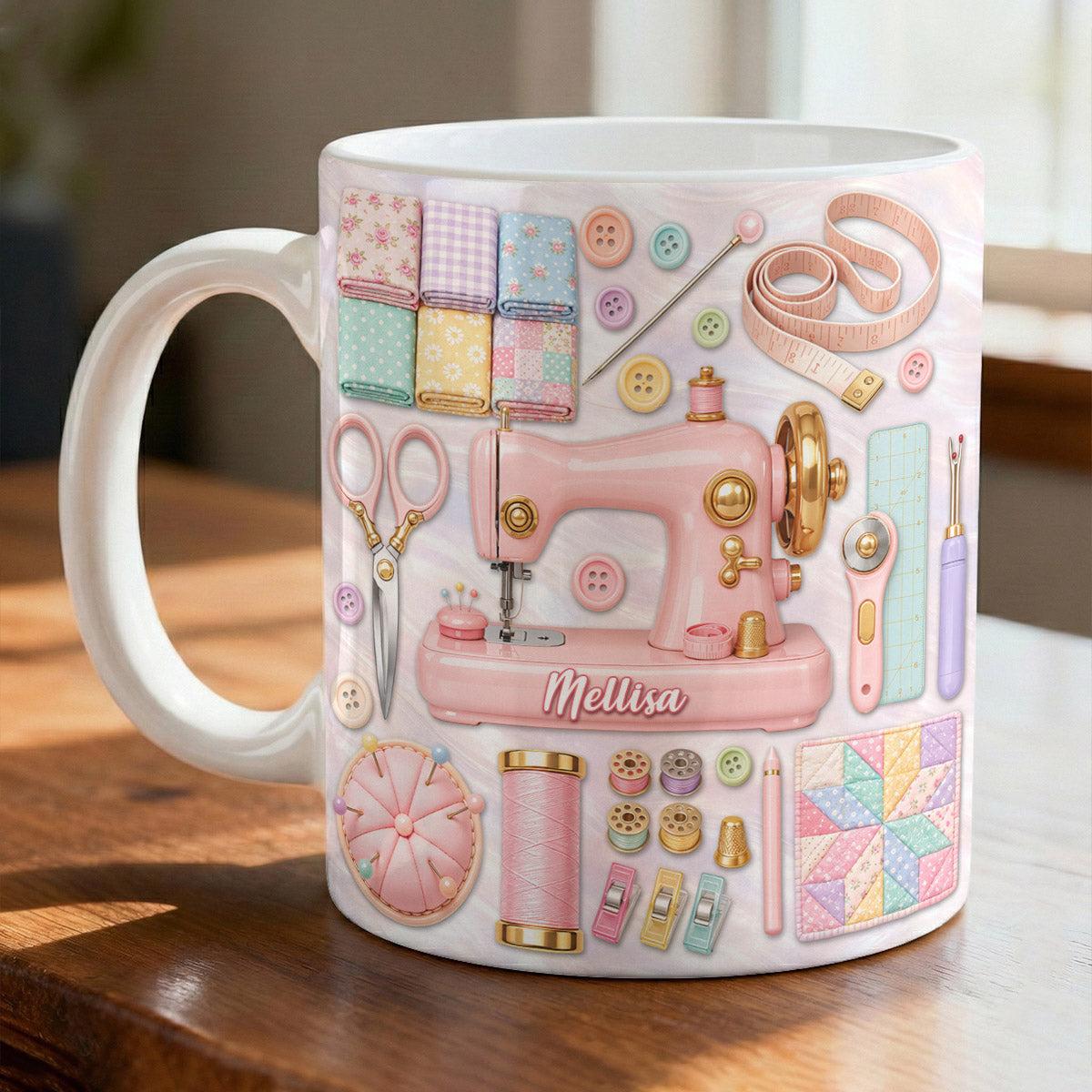 Sewing Lover Ceramic Mug Personalized Pastel Quilter’s Sewing Studio