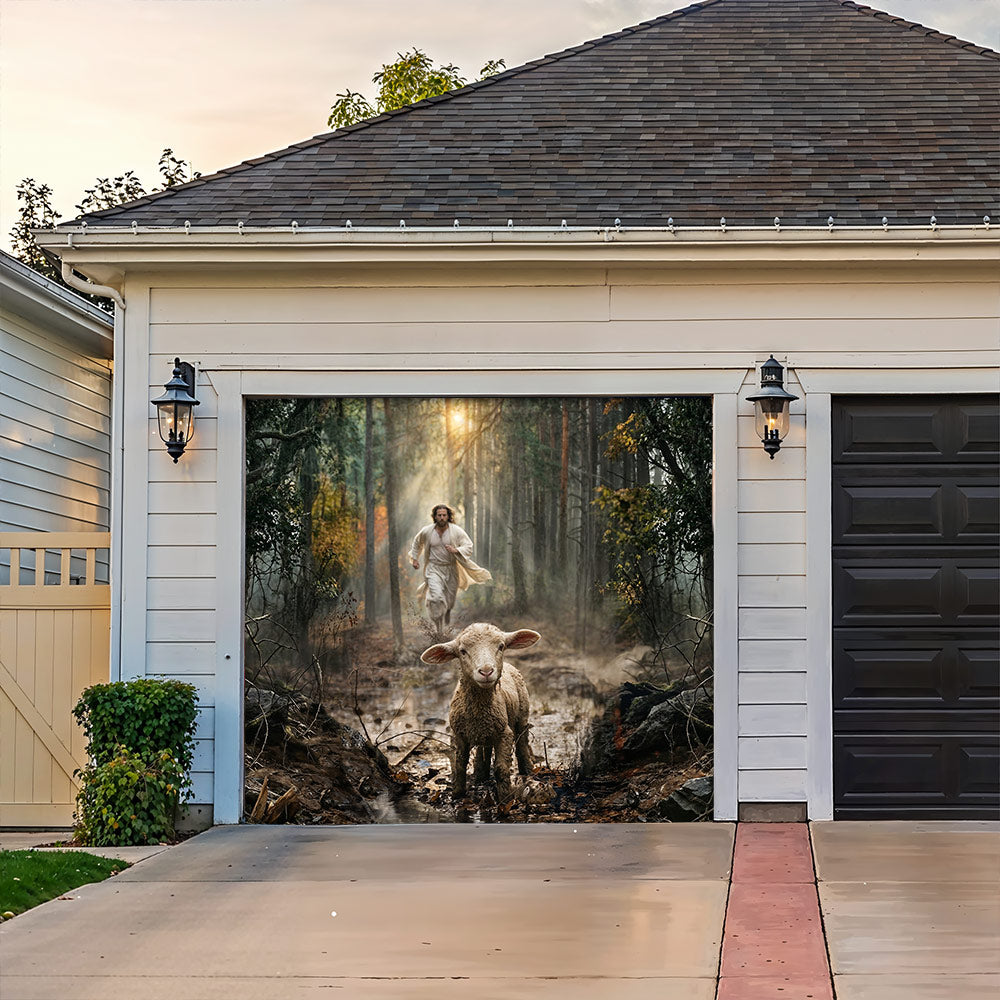God Garage Door Banner Decoration - Jesus Running After a Lost Lamb