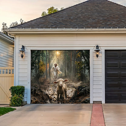 God Garage Door Banner Decoration - Jesus Running After a Lost Lamb