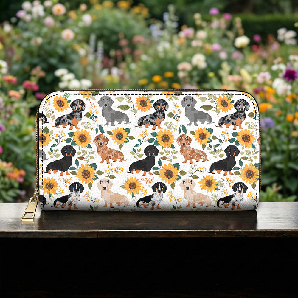Dachshund Leather Wallet Dachshunds Among Sunflowers