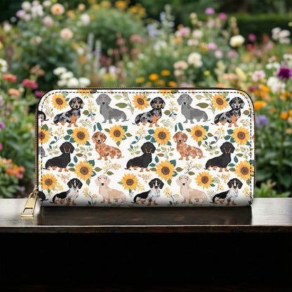 Dachshund Leather Wallet Dachshunds Among Sunflowers