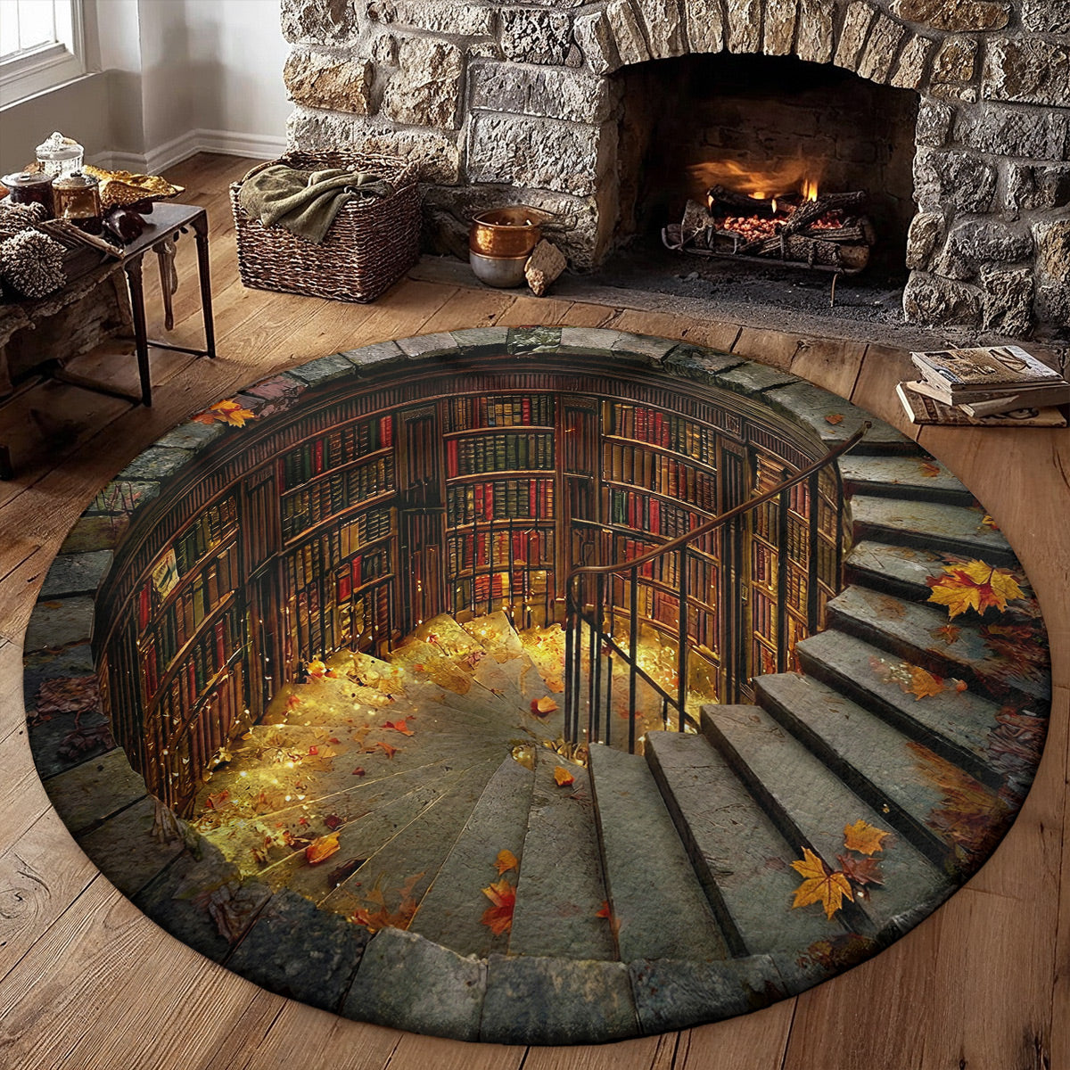 Reading Round Rug Enchanted Spiral Library Hollow 3D Illusion Flat Print