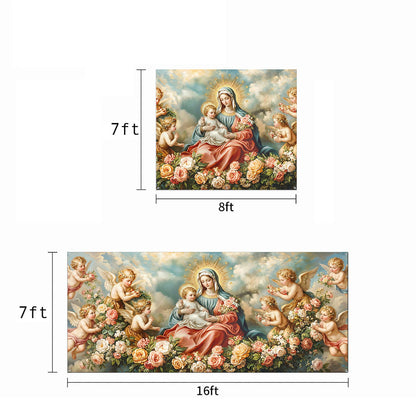 Virgin Mary Garage Door Banner Decoration - Divine Motherhood in a Garden of Angels