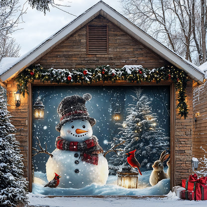 Christmas Garage Door Banner Decoration - Snowman and Forest Companions in a Lantern Lit Winter Scene