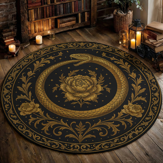 Gothic Round Rug Ouroboros Snake Bloom Within the Circle