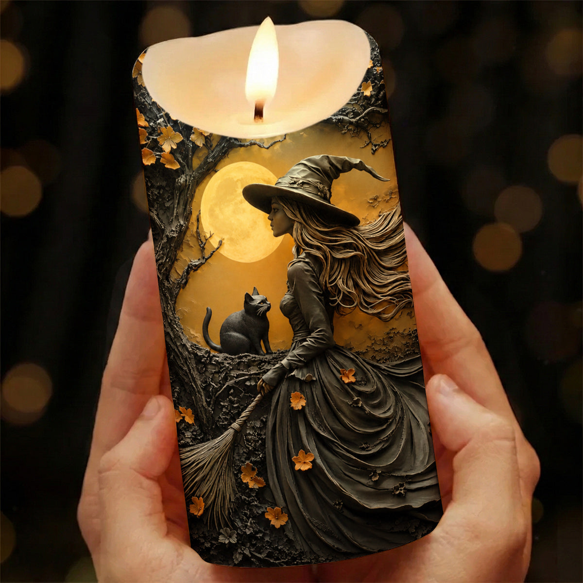 Witch Beneath the Autumn Moon LED Candle Halloween Décor