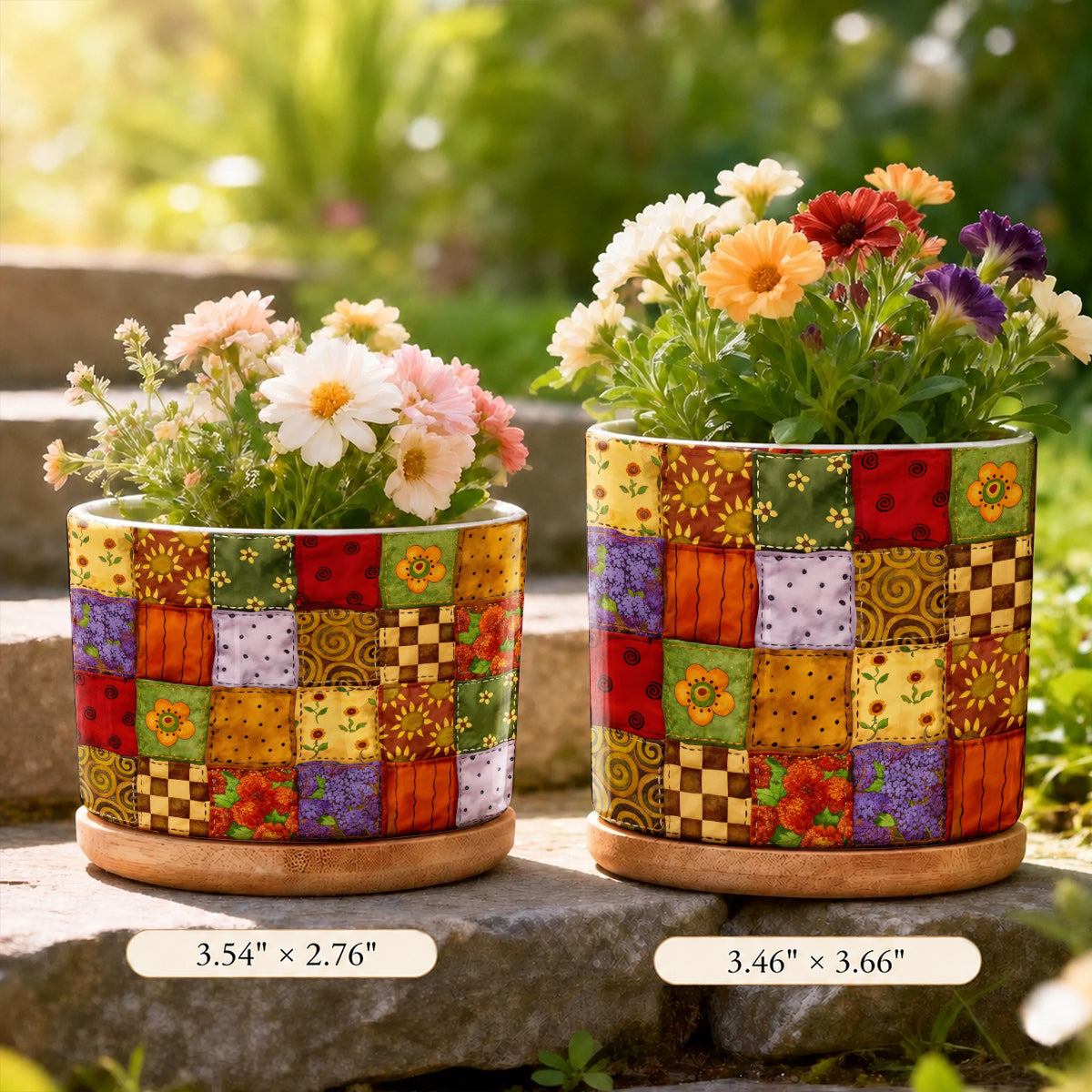 Autumn Quilt Blooms Ceramic Plant Pot with Bamboo Tray