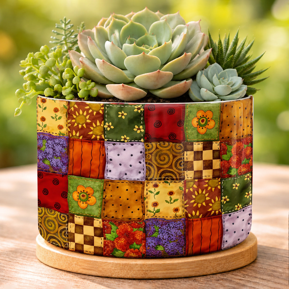 Autumn Quilt Blooms Ceramic Plant Pot with Bamboo Tray