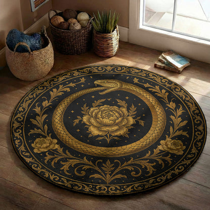Gothic Round Rug Ouroboros Snake Bloom Within the Circle