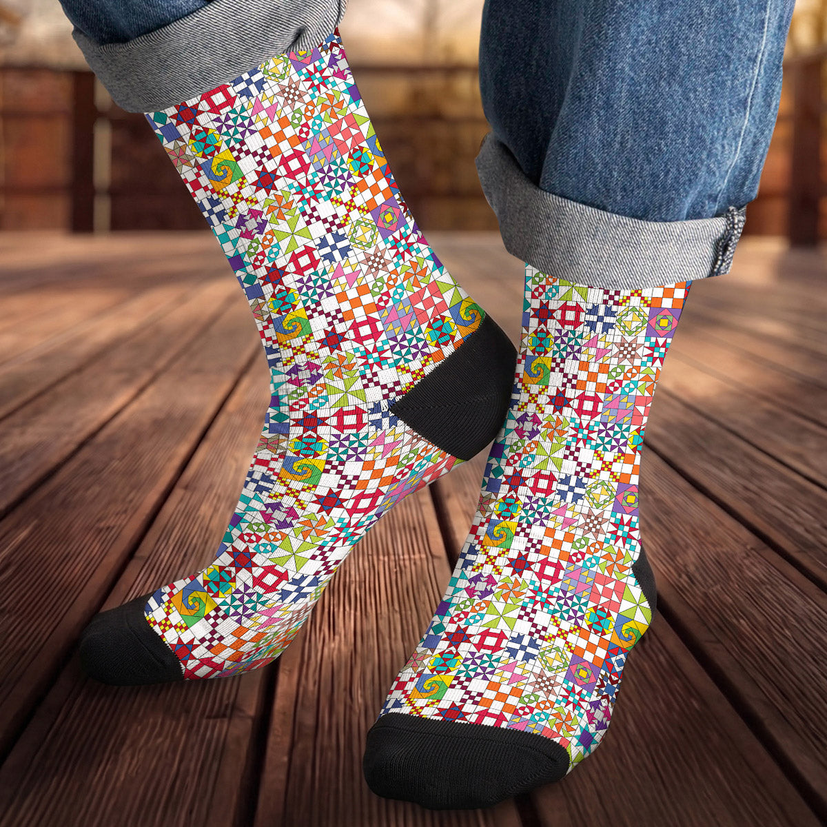 Sewing Lover Crew Socks Colorful Quilt Blocks