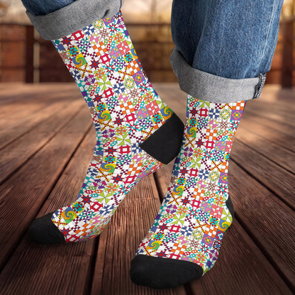 Sewing Lover Crew Socks Colorful Quilt Blocks