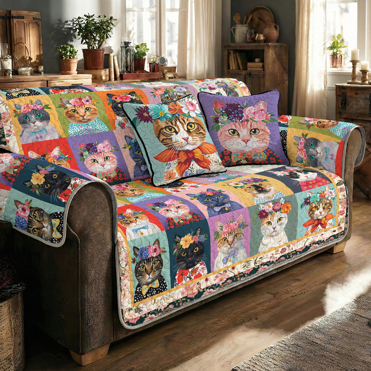 Cat Quilted Sofa Cover Floral Cat Fantasy