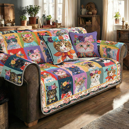 Cat Quilted Sofa Cover Floral Cat Fantasy