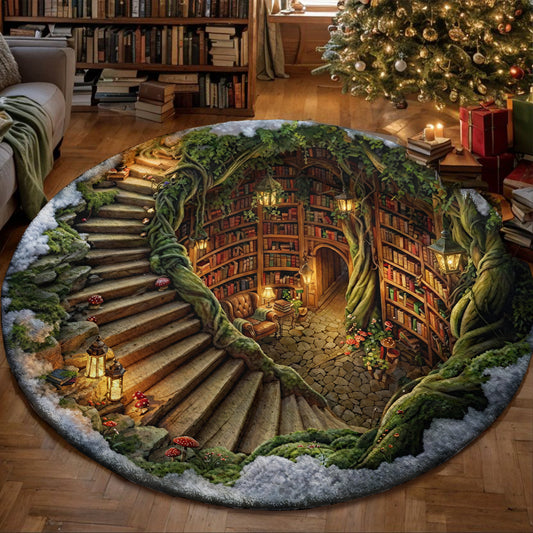 Reading Round Rug Cozy Enchanted Library Hollow 3D Illusion Flat Print