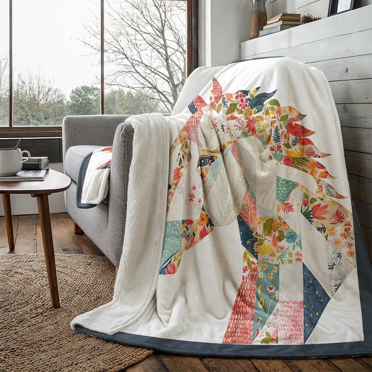 Horse Fleece Blanket Charming Floral Horse