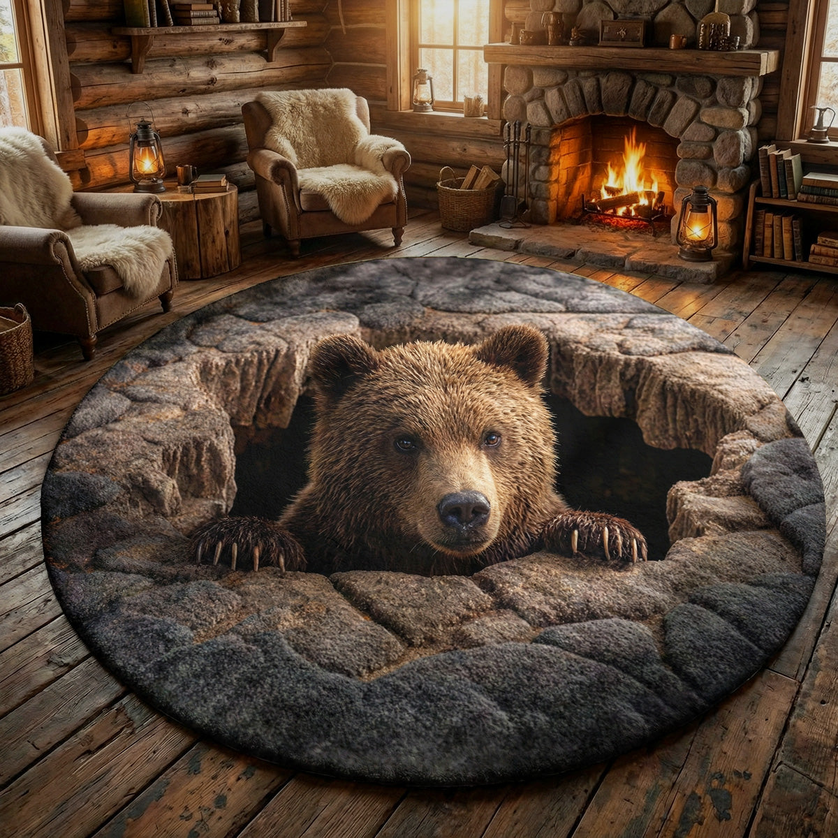 Bear Round Rug 3D Illusion Flat Print Rustic Lodge Bear Den Decor