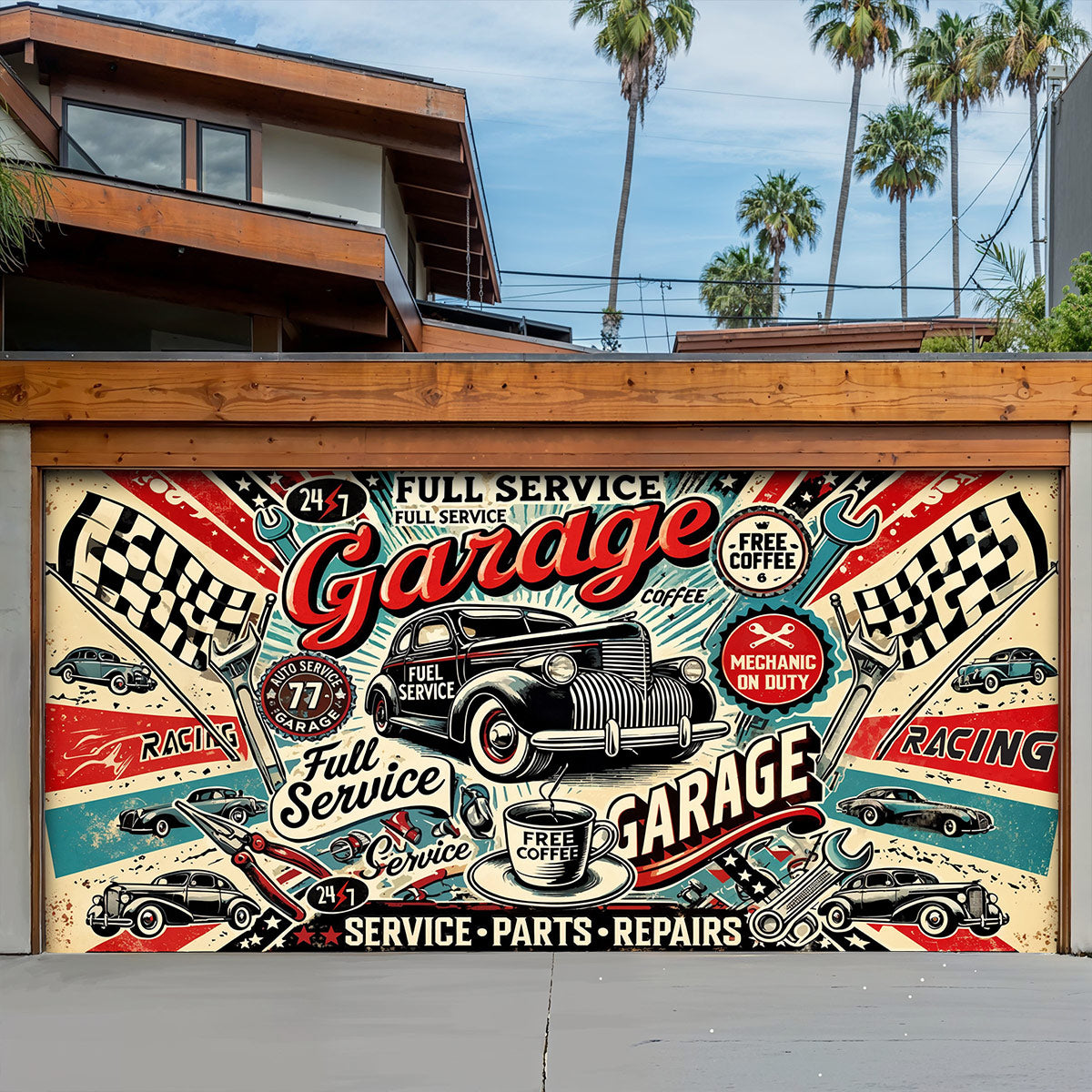 Garage Door Banner Retro Full-Service Garage
