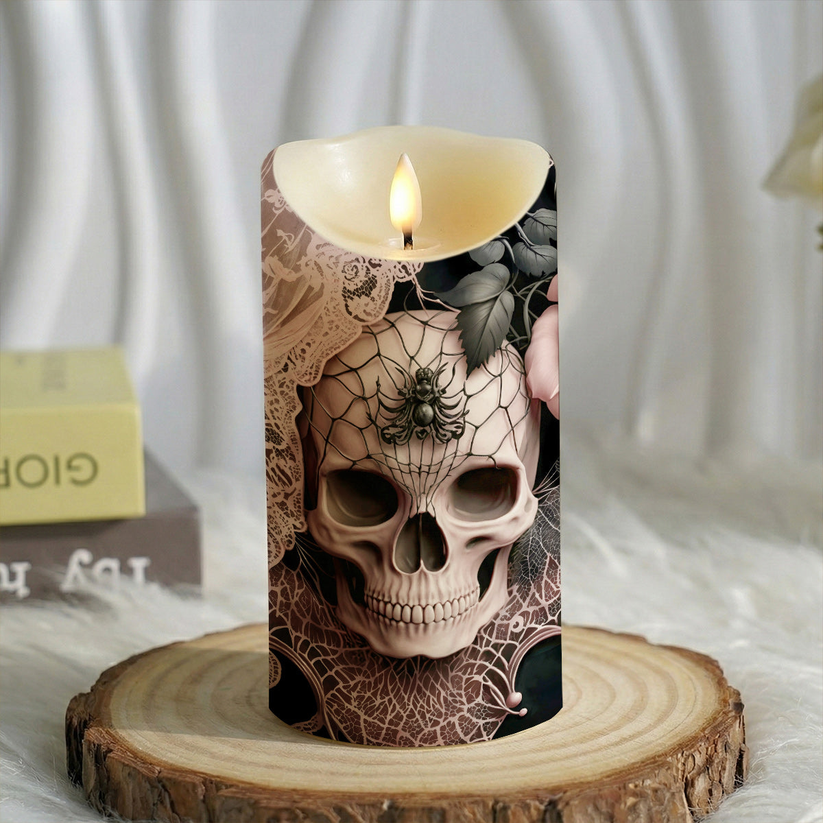 Gothic LED Candle Rose Beneath the Web