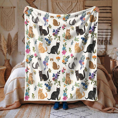 Cat Fleece Blanket Cute Floral Cats