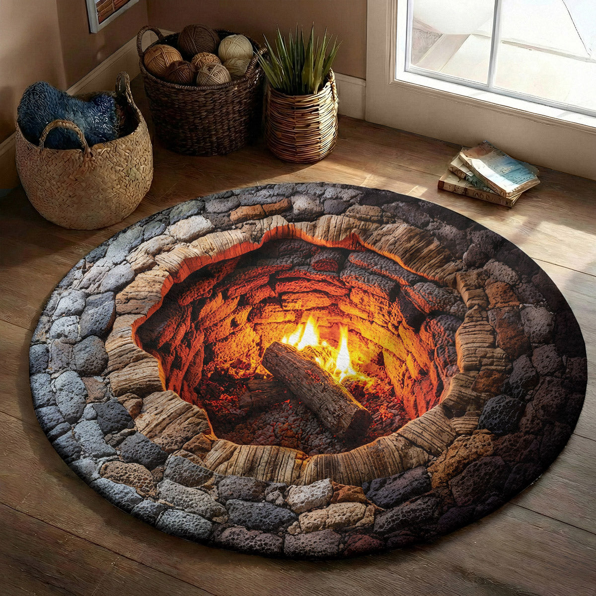 Rustic Fire Pit Round Rug Campfire Hollow 3D Illusion Flat Print