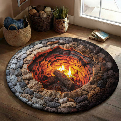 Rustic Fire Pit Round Rug Campfire Hollow 3D Illusion Flat Print