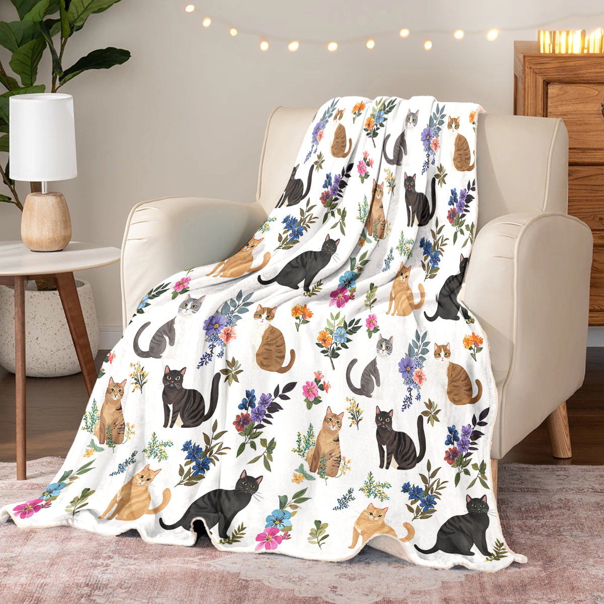 Cat Fleece Blanket Cute Floral Cats