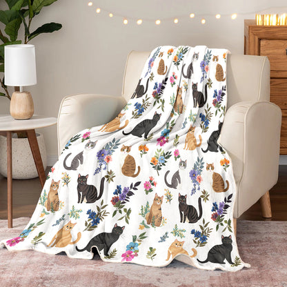 Cat Fleece Blanket Cute Floral Cats