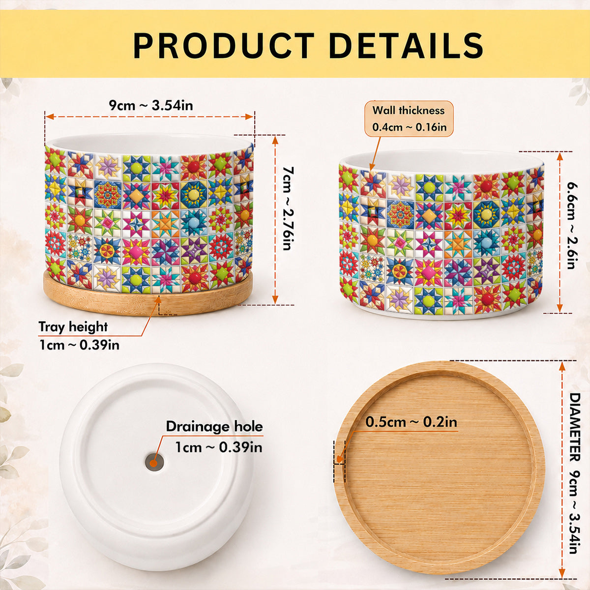 Sewing Lover Ceramic Plant Pot with Bamboo Tray Colorful Star Quilt Blocks