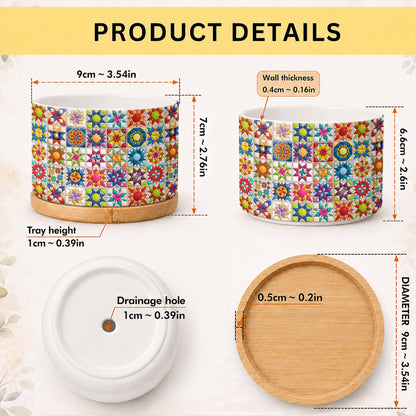 Sewing Lover Ceramic Plant Pot with Bamboo Tray Colorful Star Quilt Blocks