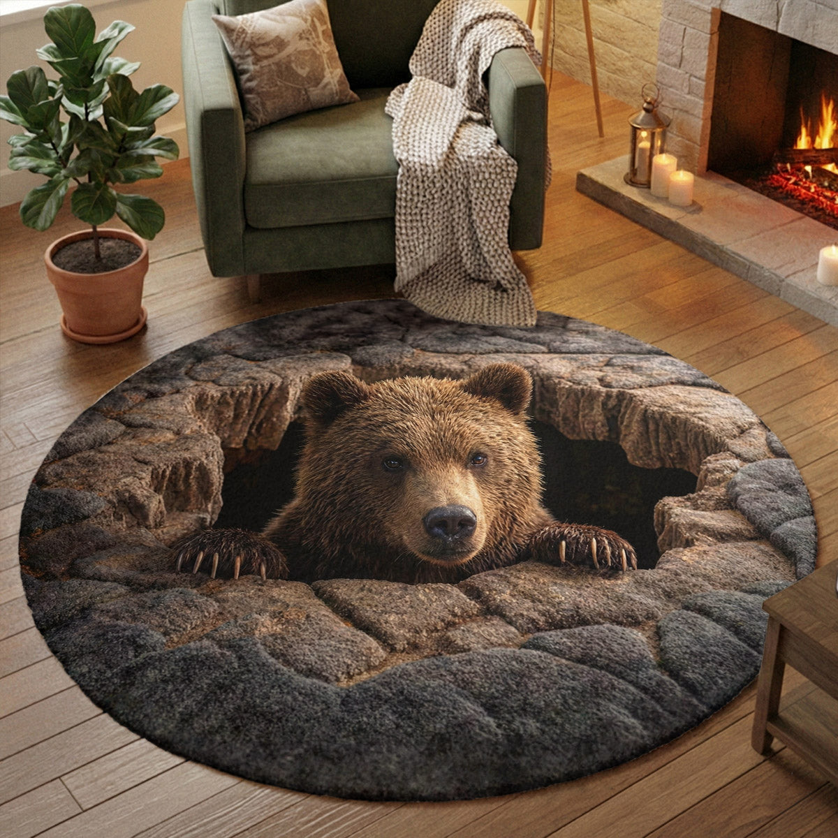 Bear Round Rug 3D Illusion Flat Print Rustic Lodge Bear Den Decor