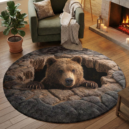 Bear Round Rug 3D Illusion Flat Print Rustic Lodge Bear Den Decor