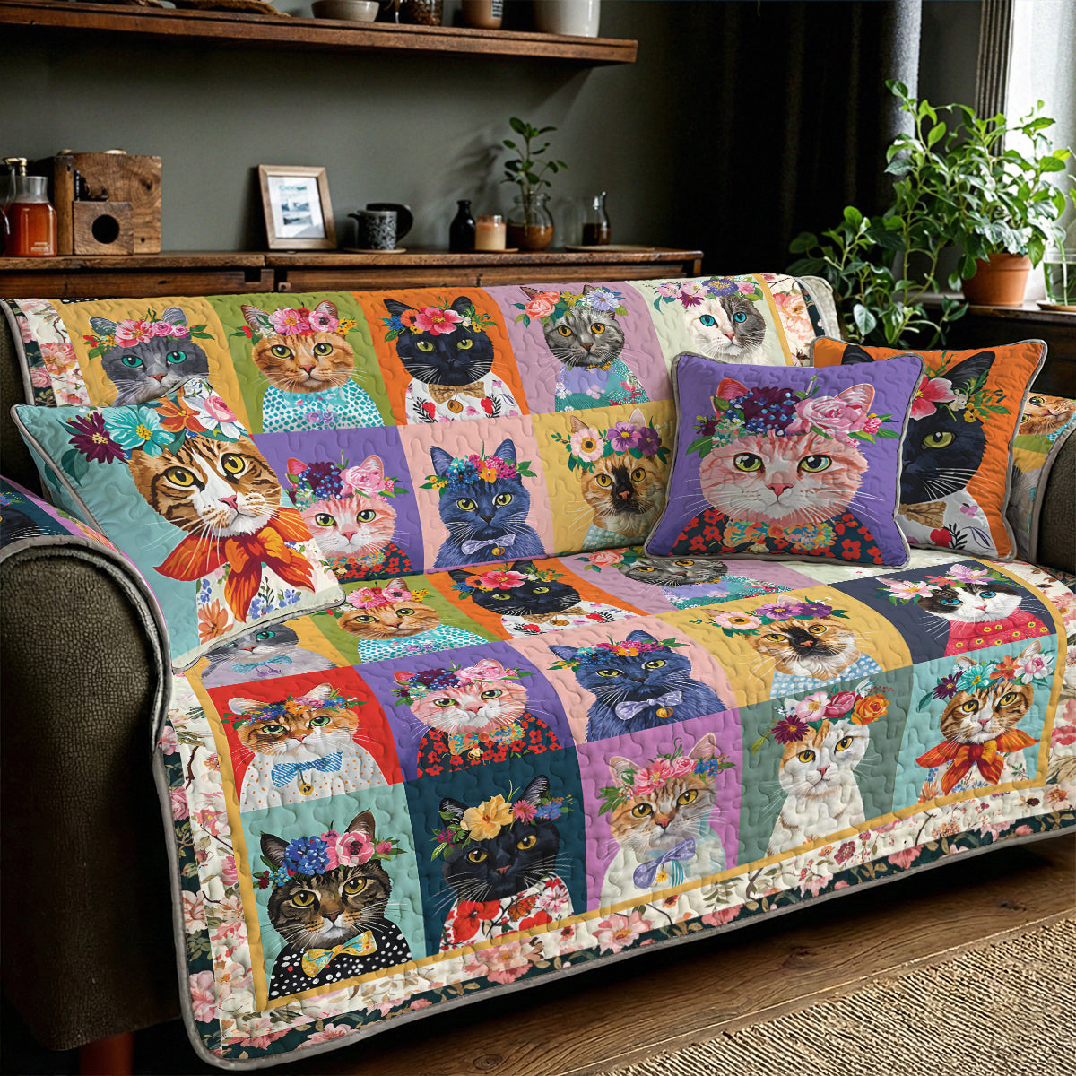 Cat Quilted Sofa Cover Floral Cat Fantasy