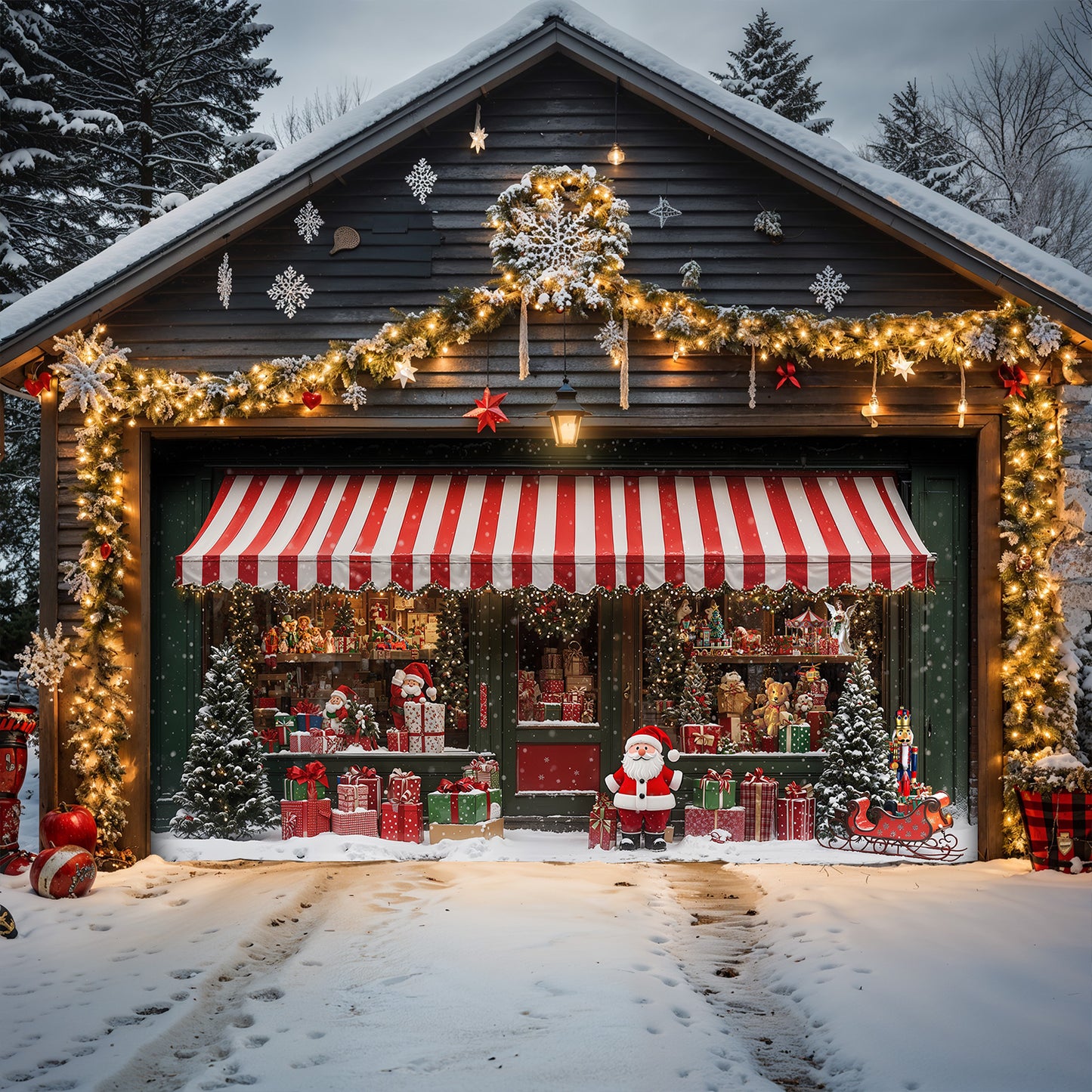 Christmas Garage Door Banner Decoration - Christmas Magic at the Window A Snowy Shopfront with Santa and Presents