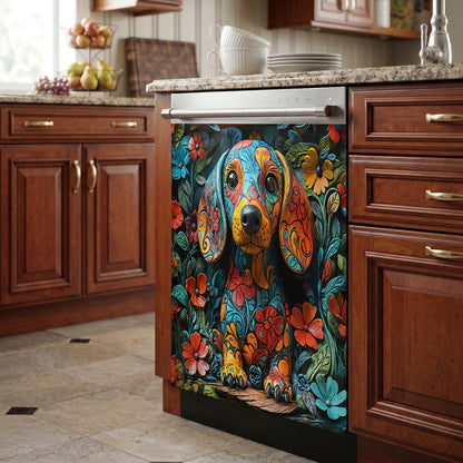 Dachshund Magnetic Dishwasher Cover Whimsical Dachshund Garden