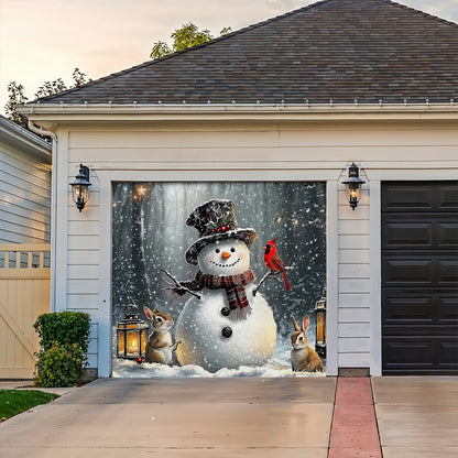 Christmas Garage Door Banner Decoration - Winter Forest Snowman Gathering with Bunnies and Cardinals